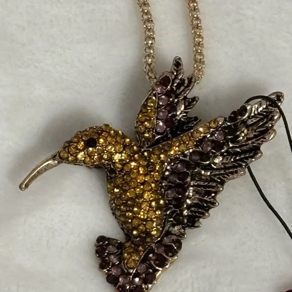 Betsey Johnson Charming Gold and Brown Hummingbird Necklace - Picture 2 of 4